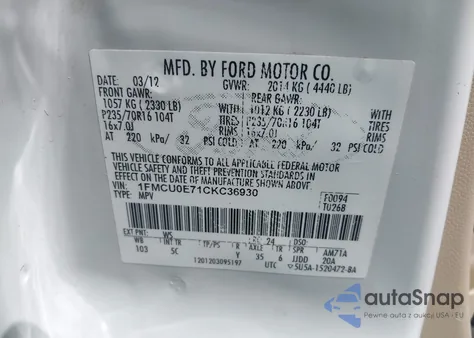 2012 Ford Escape Limited from USA, damaged, VIN 1FMCU0E71CKC36930